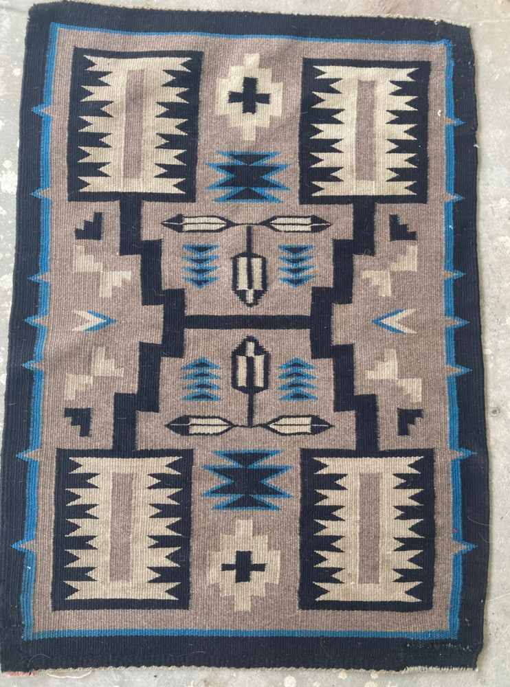 Antique Handwoven Navajo Storm Geometric Native American Wool Rug 29.5x20.8 In