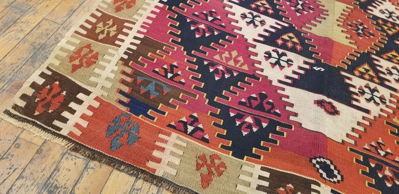 Bohemian 1900-1939s Antique Wool Pile Natural Dye Flat-Woven Kilim 4'8"×13'3" gallery