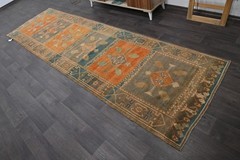 Vintage Turkish Runner Rug 3x12ft ORANGE Handmade Anatolian Oushak Hallway Wool