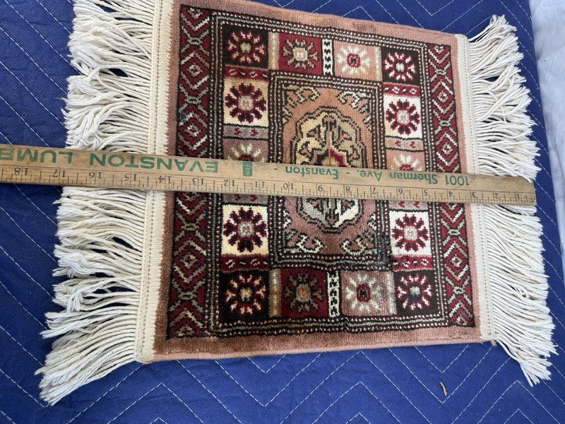 Vintage Miniature Oriental Style Medallion Rug Mat Fringe Red Cream 11" x 12" gallery