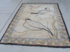 19th C Large American Pictorial Hooked Rug on Burlap Doves Tree Branches 6×9 ft