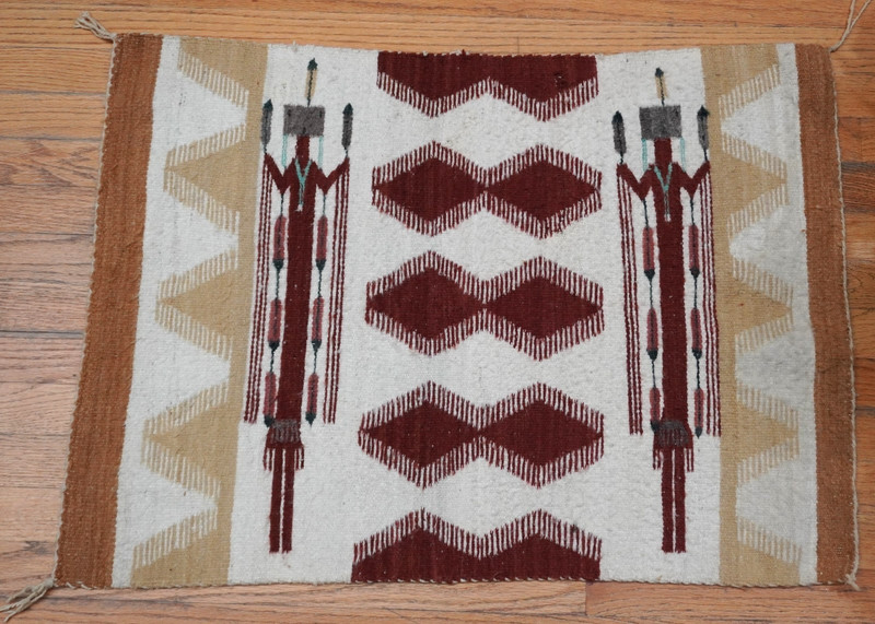 Vintage Navajo Hand Woven Yei Two Ladies Wool Rug 2'10" x 2'1" gallery
