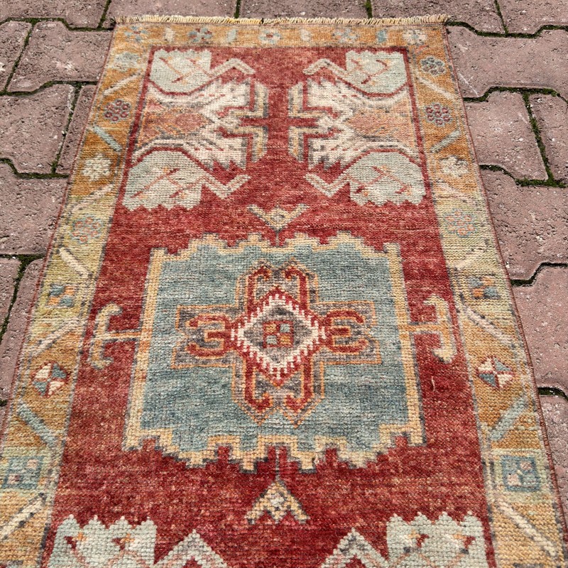 2x3 ft Terracotta Sage Wool Vintage Turkish Oushak Geometric Rug - Tariff Free gallery
