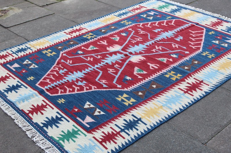 Kilim Vintage Traditional Hand Made Oriental Blue Red Wool Kilim 237x164cm gallery