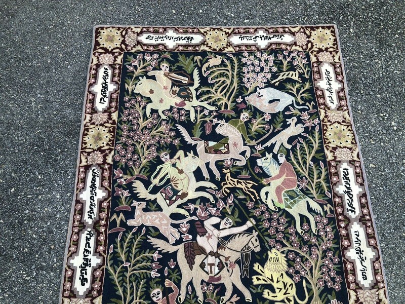 3'1" X 5' KASHMIR PERSIAN STYLE PICTORIAL HUNT SCENE CREWEL TAPESTRY RUG gallery