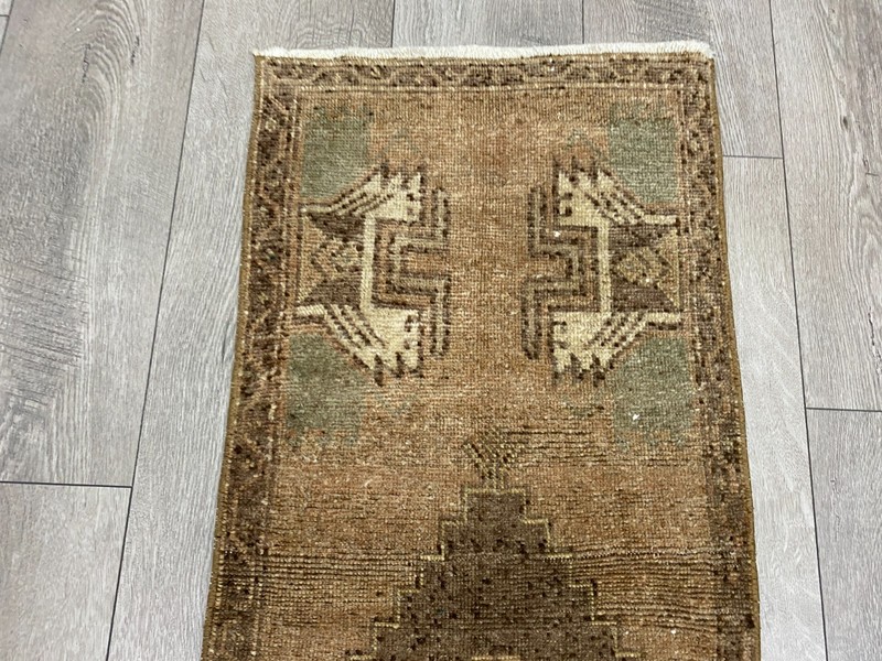 Turkish Nomadic Runner Carpet 1.4x3.7 Ft Hand Knotted Vintage Distressed Rug gallery