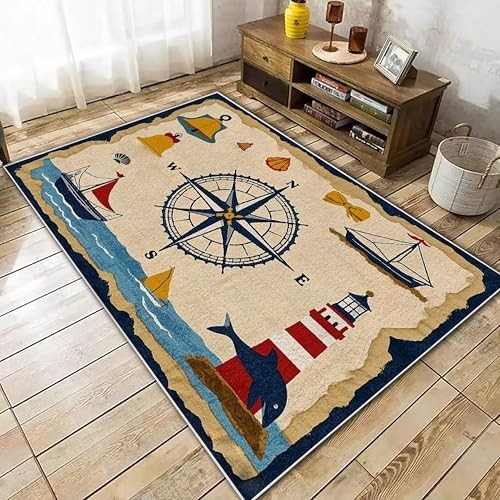 Vintage Nautical Compass Area Rug 5x7ft, Washable Non-Slip Carpet for Living Roo gallery