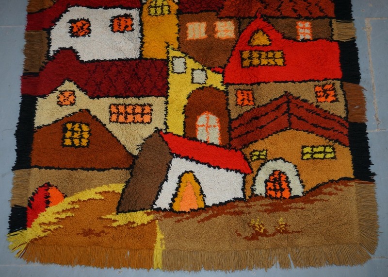 STUNNING LARGE SHAG PILE RUG DEPICTING HOUSES IN THE STYLE OF L.S LOWRY gallery