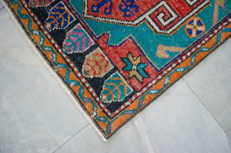 Vintage Distressed Small Area Rug Hand Knotted Oushak Rugs Yastik -1'10"x4' gallery