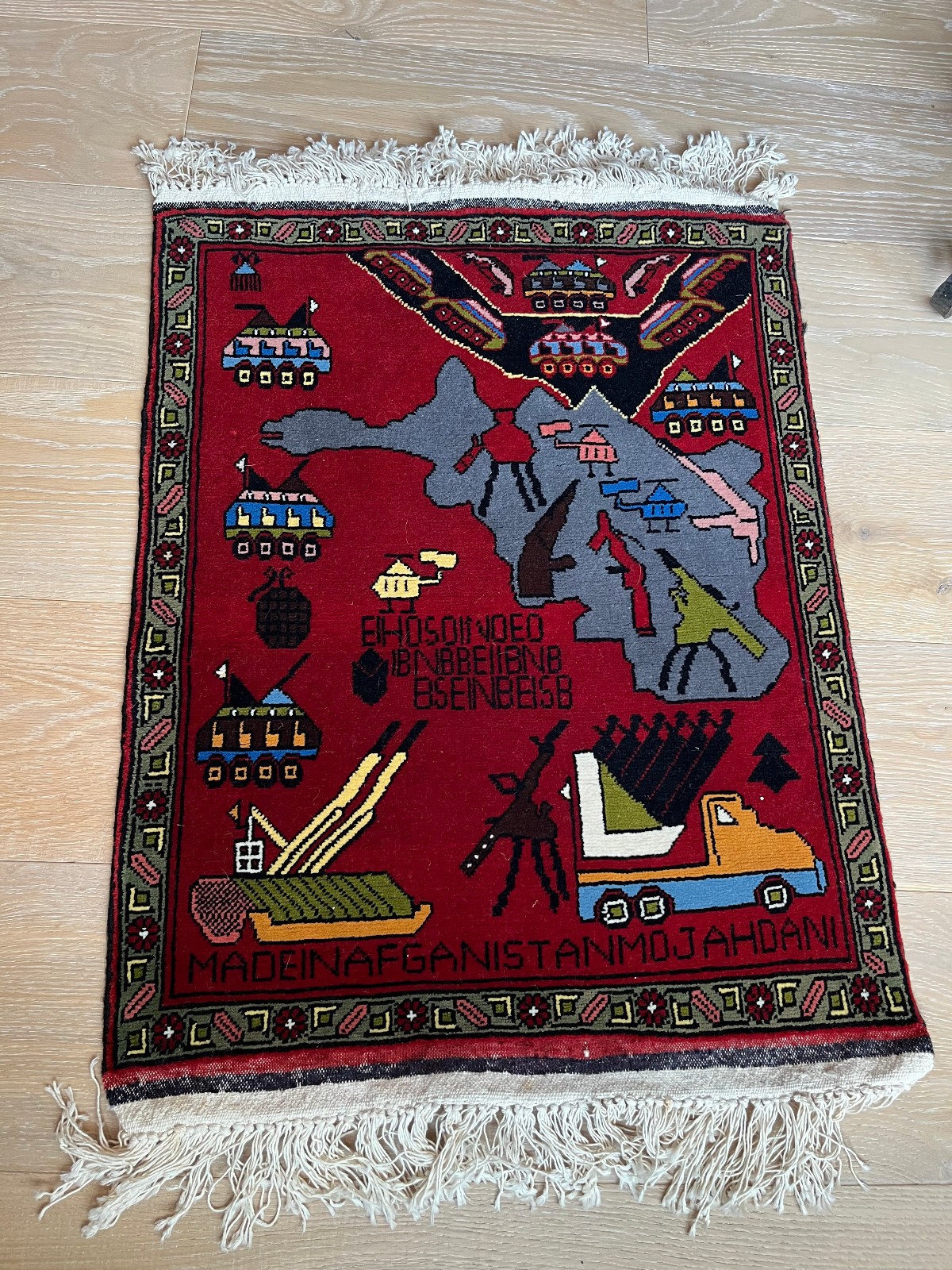 Handmade Afghan Pictorial War Rug Mat | Vintage | Rare | 25” x 33" | Red gallery