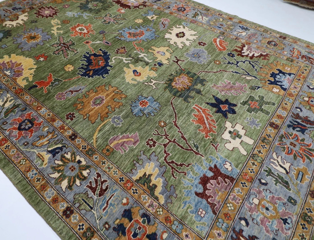 Hand Knotted Green Floral Turkish Oushak Rugs 10x14 ft Vintage Style Area Rugs