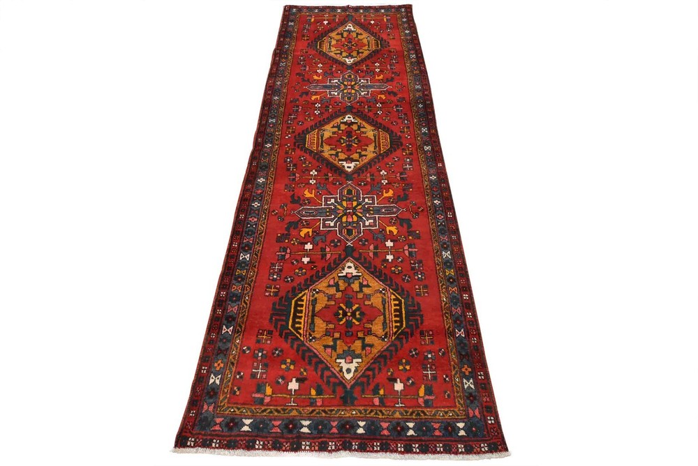 Vintage Tribal Runner 3’7” x 10’5” Red Wool Geometric Hand-Knotted Oriental Rug