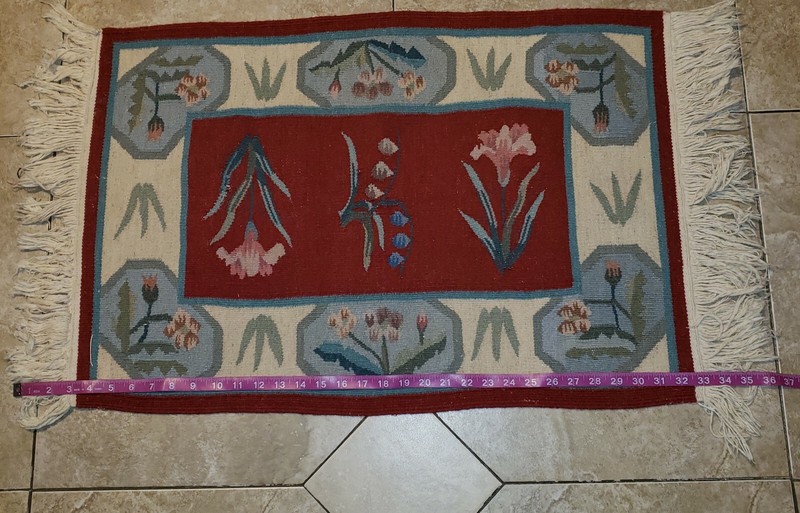 Vtg Kilim Tight Wool Rug Southwest Style Rug 20" X 30" W/ Cotton Fringe gallery