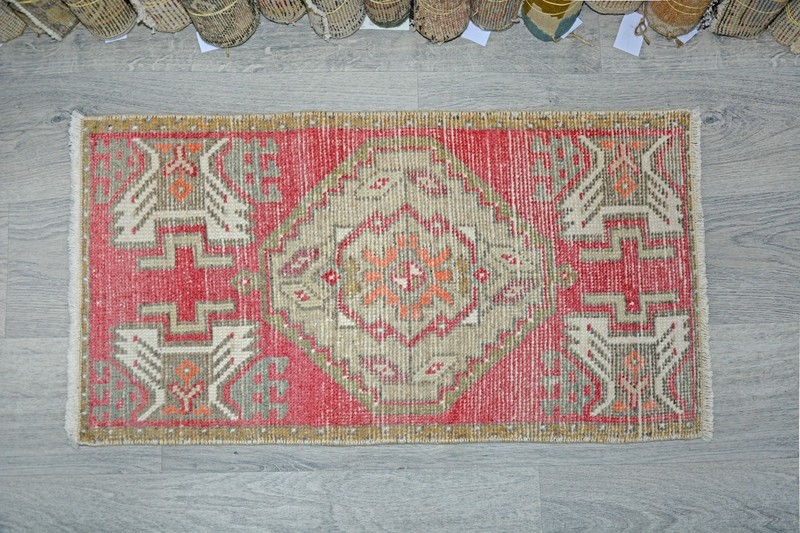 Vintage Turkish Oushak Rug 1'6x3'1 ft, Red Beige Vivid Colors, Tribal Modern Rug gallery