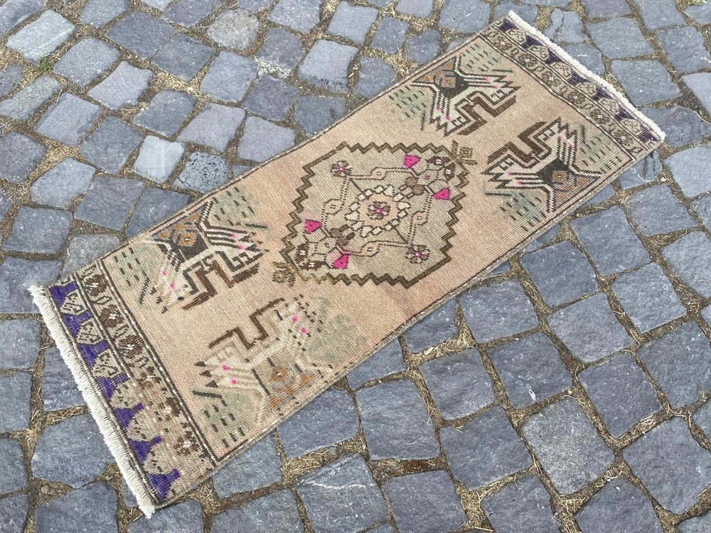 Vintage Turkish Rug, Hand-Knotted Wool, Sand Beige Tribal Small Runner Doormat