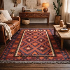 Vintage Handwoven Wool Kilim Rug – Bold Tribal Geometric Design 66” x 100”