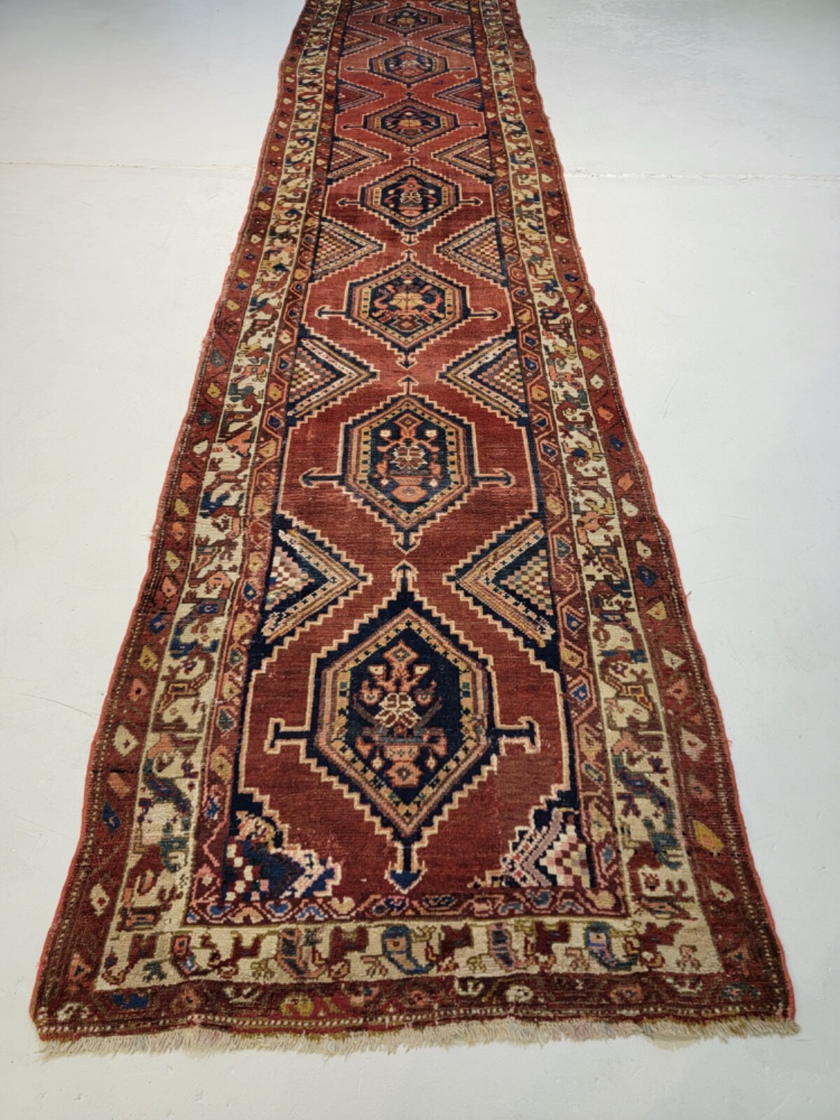 Antique Oriental Hand-Knotted Wool Runner Kurdish Serapi Rust/Ivory 3'6" x 15'4" gallery