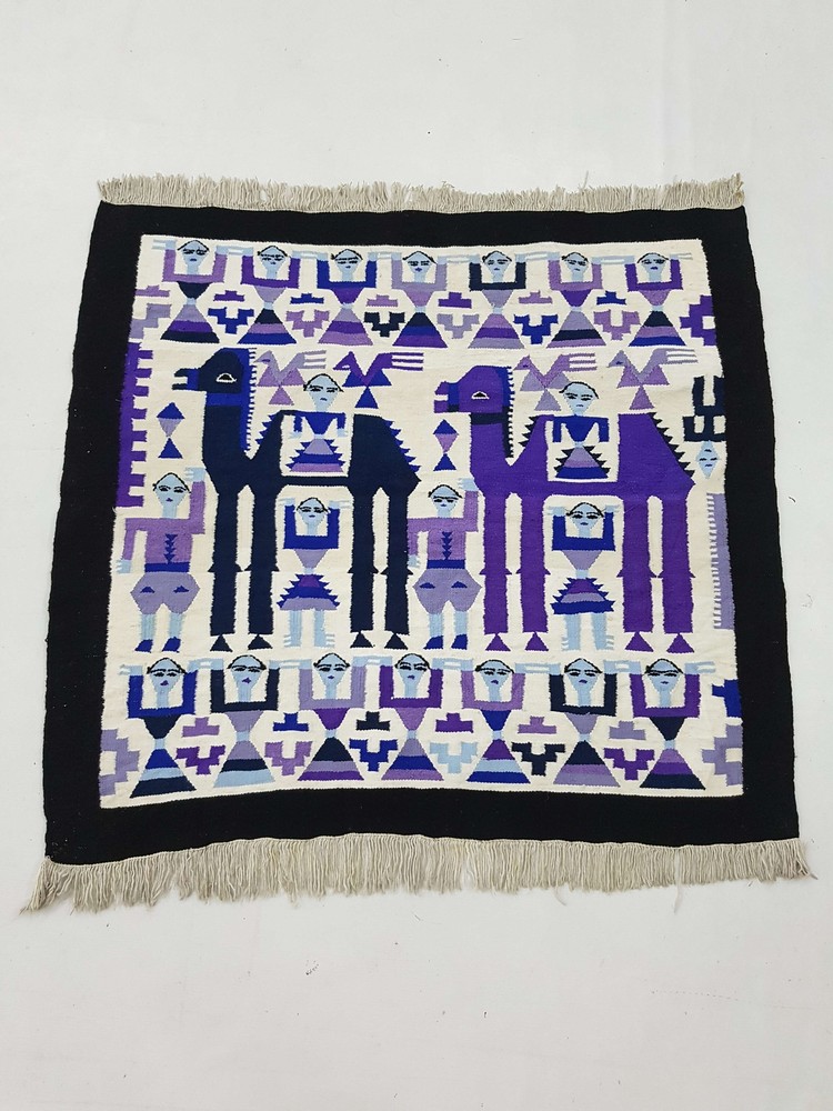 Vintage Handmade Peruvian Pictorial Multicolor Kilim Rug Carpet 98x88cm