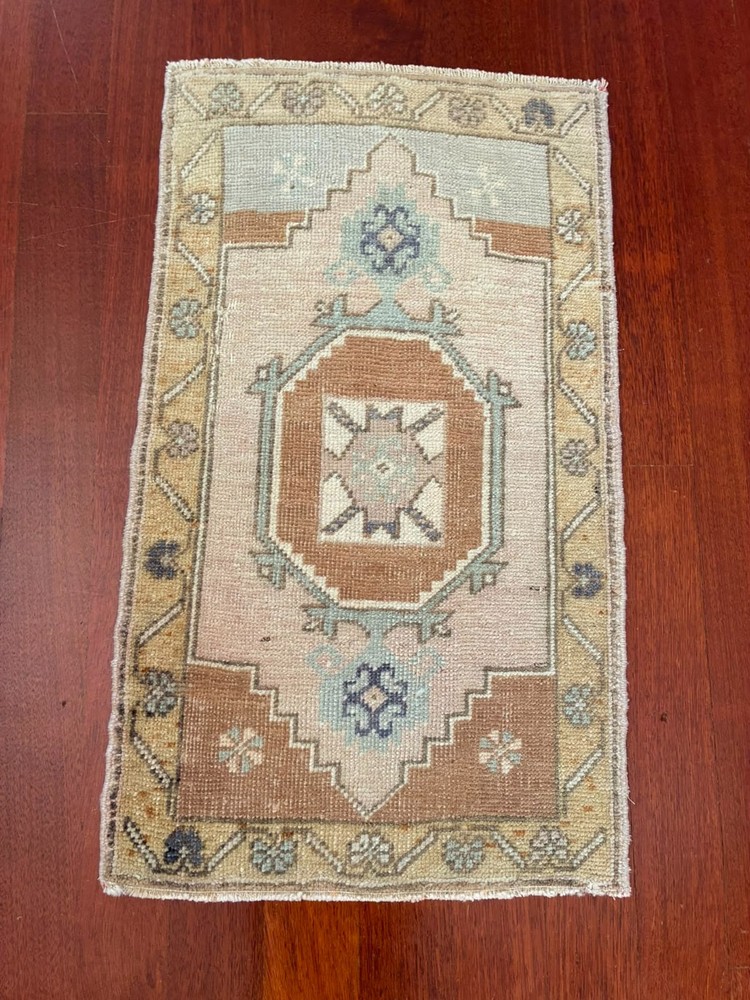 Small Accent Mat 2x3 Pink Brown Blue Vintage Hand Knotted Turkish Rug
