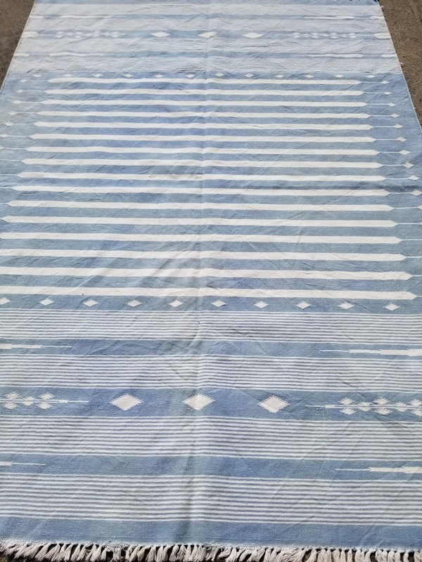 Vintage Traditional Handmade Dhurrie Striped Wool Blue & White Kilim 7.0x5.2 ft gallery