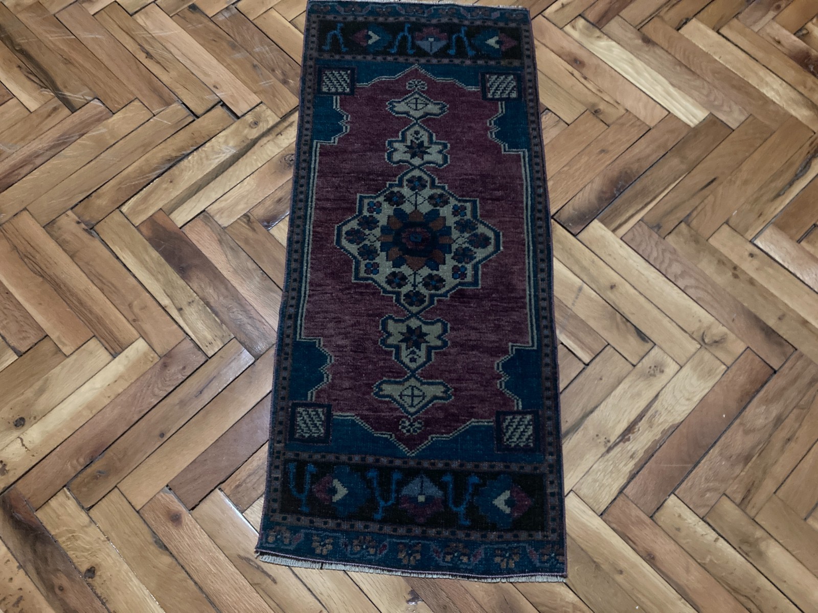 Anatolian Handmade Turkish Boho Rug 1.4x3.2 ft Vintage Purple Blue Tribal Carpet gallery