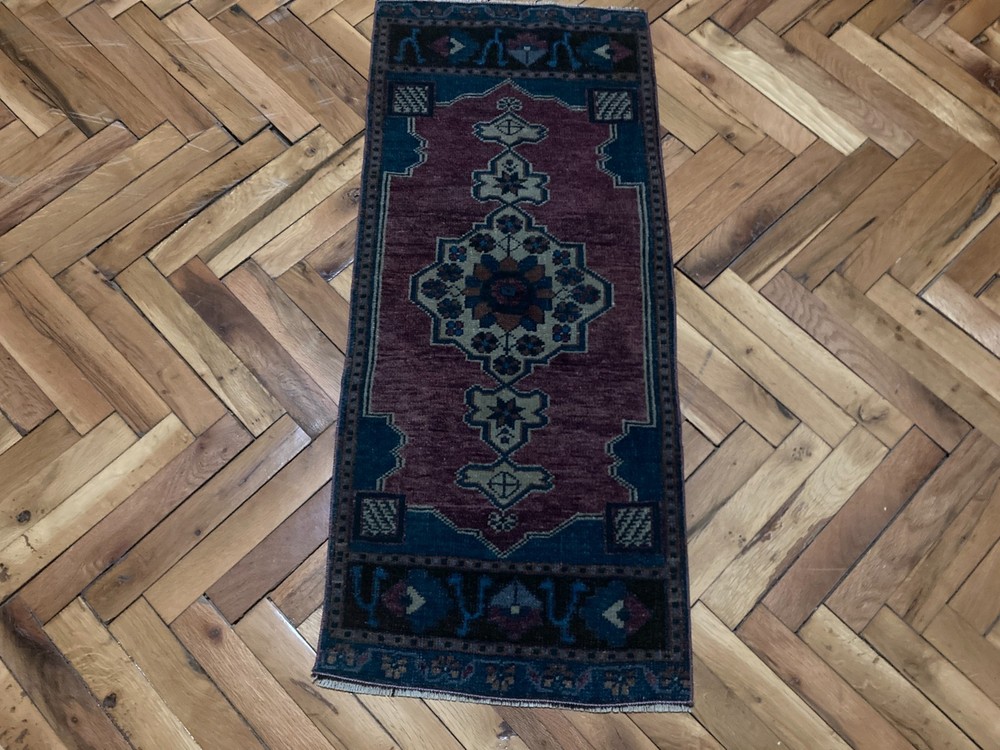 Anatolian Handmade Turkish Boho Rug 1.4x3.2 ft Vintage Purple Blue Tribal Carpet