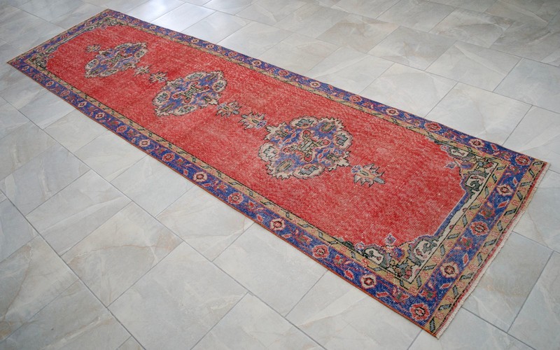 Vintage Turkish Runner Rug Hand-Knotted 1970s Oushak Distressed Low Pile 3x12 ft gallery