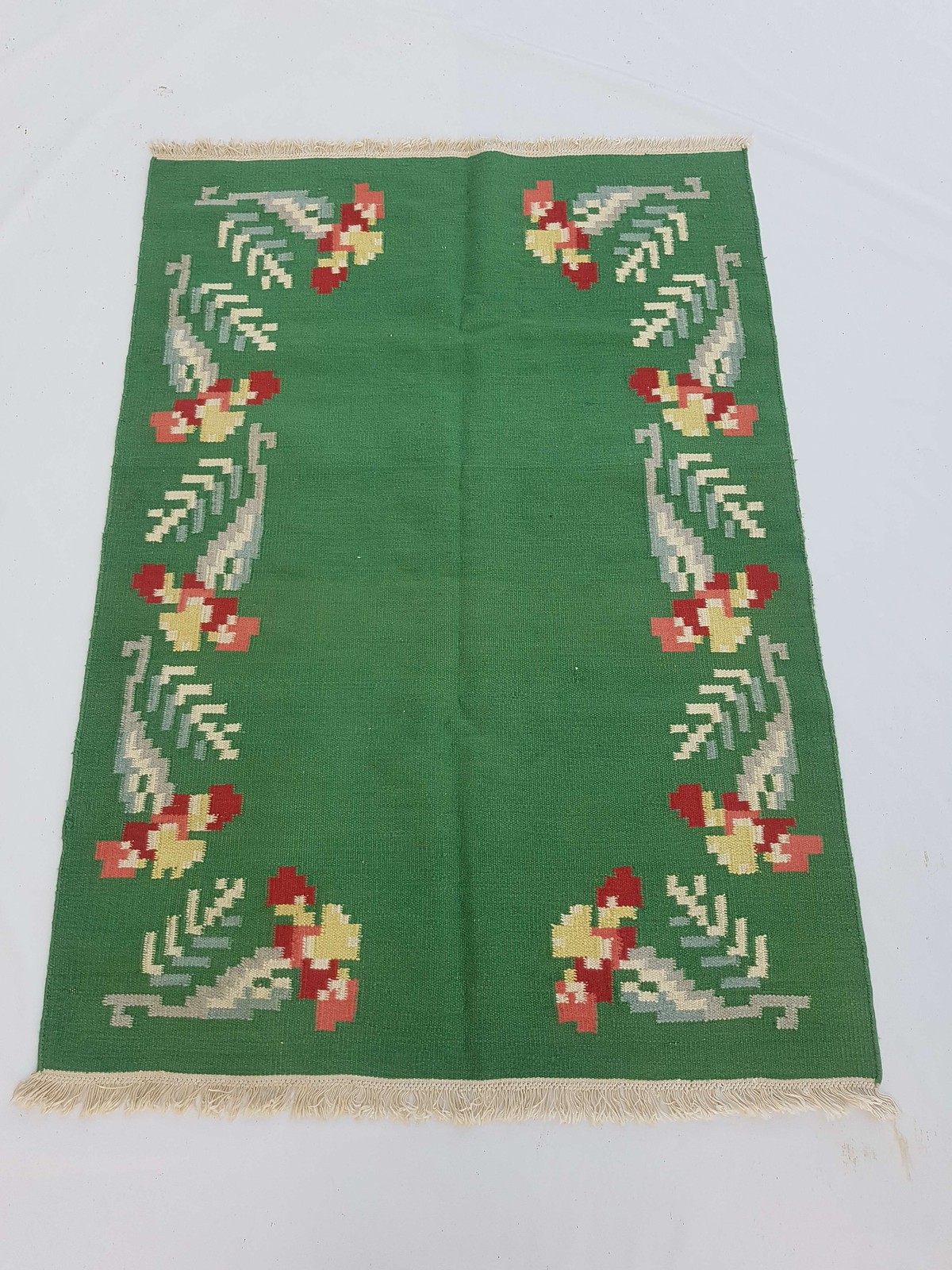Vintage Handmade Traditional Geometric Green Red Kilim Rug Carpet 217x158cm gallery