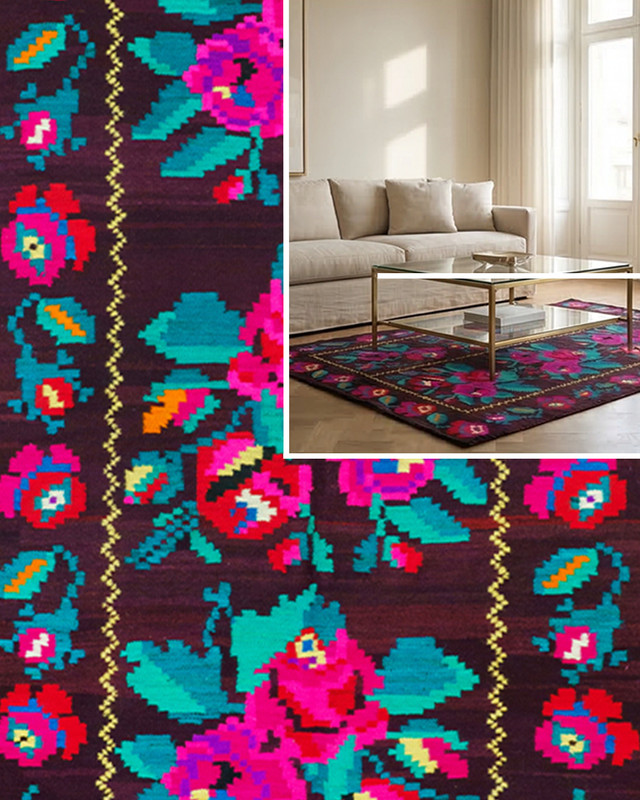 Romanian Bessarabian Floral Runner Rug Handwoven Wool Pink Roses 1970s 13x4ft gallery