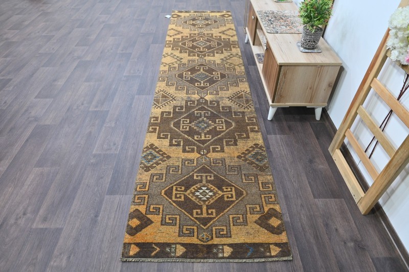 Vintage Turkish Runner Rug 3x11ft YELLOW Handmade Anatolian Oushak Hallway Wool gallery