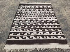 Vintage Handwoven Natural and Black Peruvian Flat Weave Kilim Throw 6.4×4.3 ft