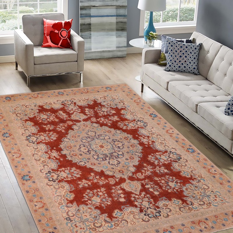 Hand Painted Wool Area Rug - Rust Red & Ivory Medallion 10'3" x 13'7" gallery
