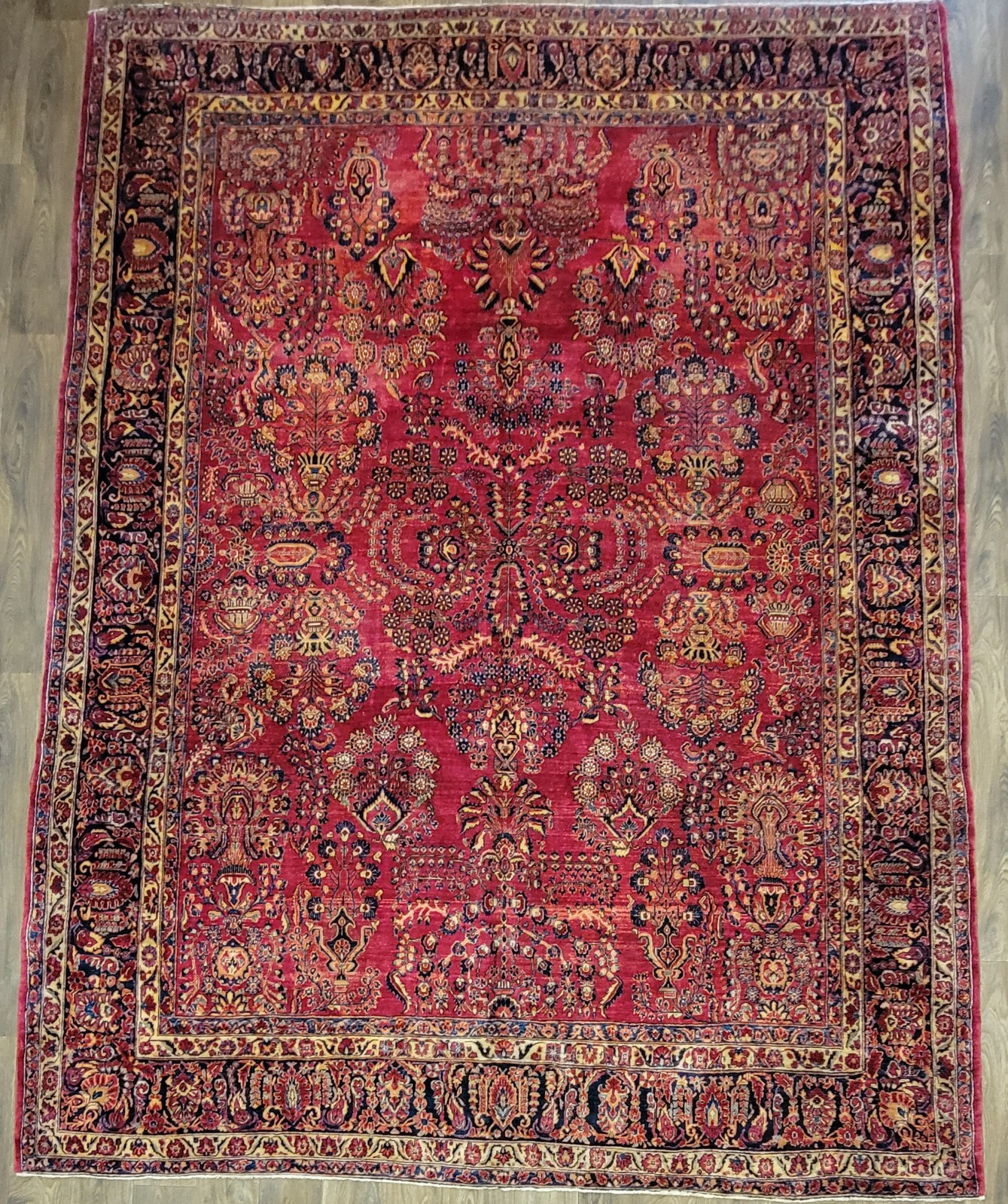 Antique hand knotted traditional design Sarouk rug size 10'2"×13' deep red gallery