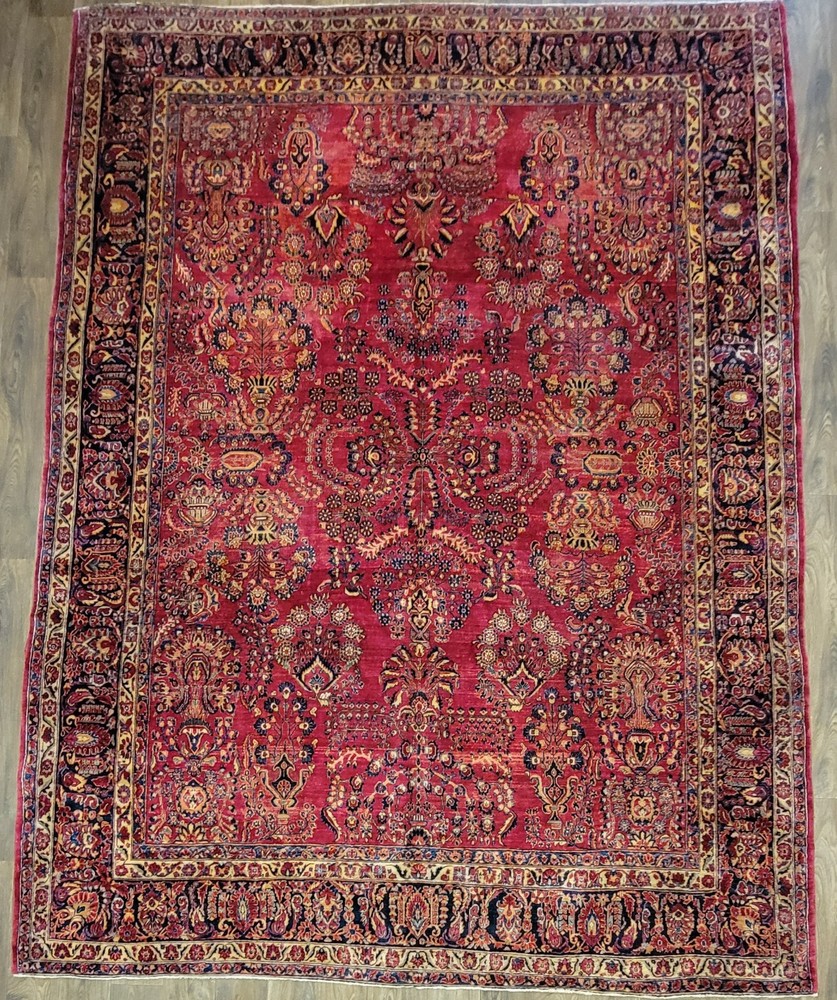 Antique hand knotted traditional design Sarouk rug size 10'2"×13' deep red