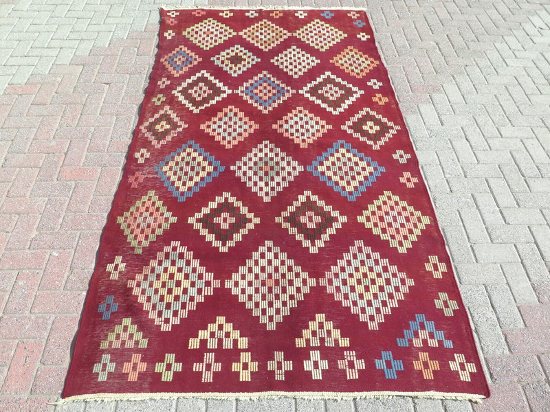 Area Rug, Vintage Turkish Kilim, Red Color Wool Rugs, Large Sard Carpet 59"x110" gallery