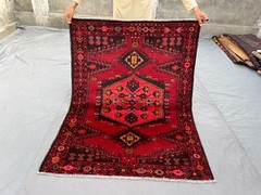 4×5 Vintage Red Afghan Hand Knotted Wool Rug Soft Pile Tribal Geometric Carpet