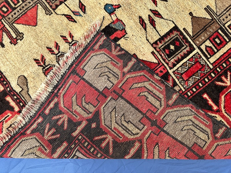 120 x 245 cm Vintage Stunning Shikargah Pictorial Hunting Scene Beluch Nomad Rug gallery