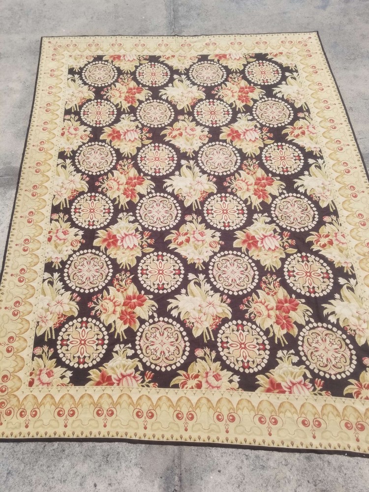 Vintage French Needle Point Handmade Floral Beige Wool Rug Carpet 177x113cm