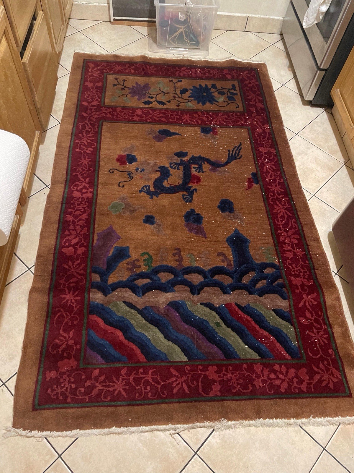 Antique 1920s Chinese Art Deco Rug 4x6 | Dragon Wave Pictorial Camel Gold Red gallery