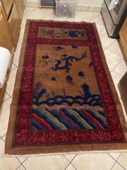 Antique 1920s Chinese Art Deco Rug 4×6 | Dragon Wave Pictorial Camel Gold Red