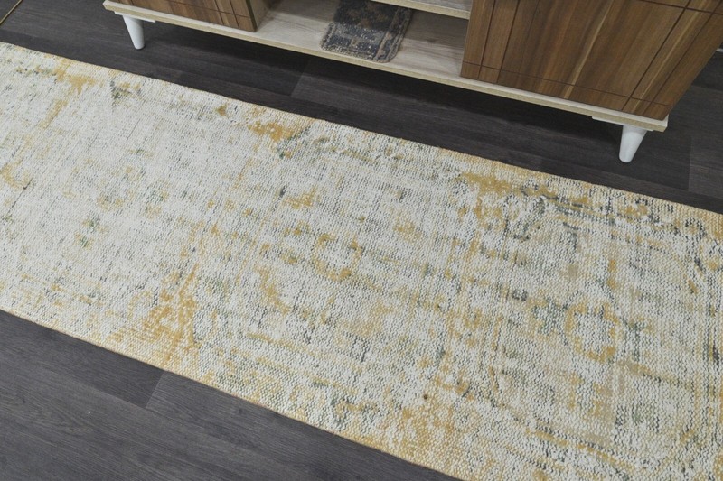 Vintage Turkish Runner Rug 2x10ft YELLOW Handmade Anatolian Oushak Hallway Wool gallery
