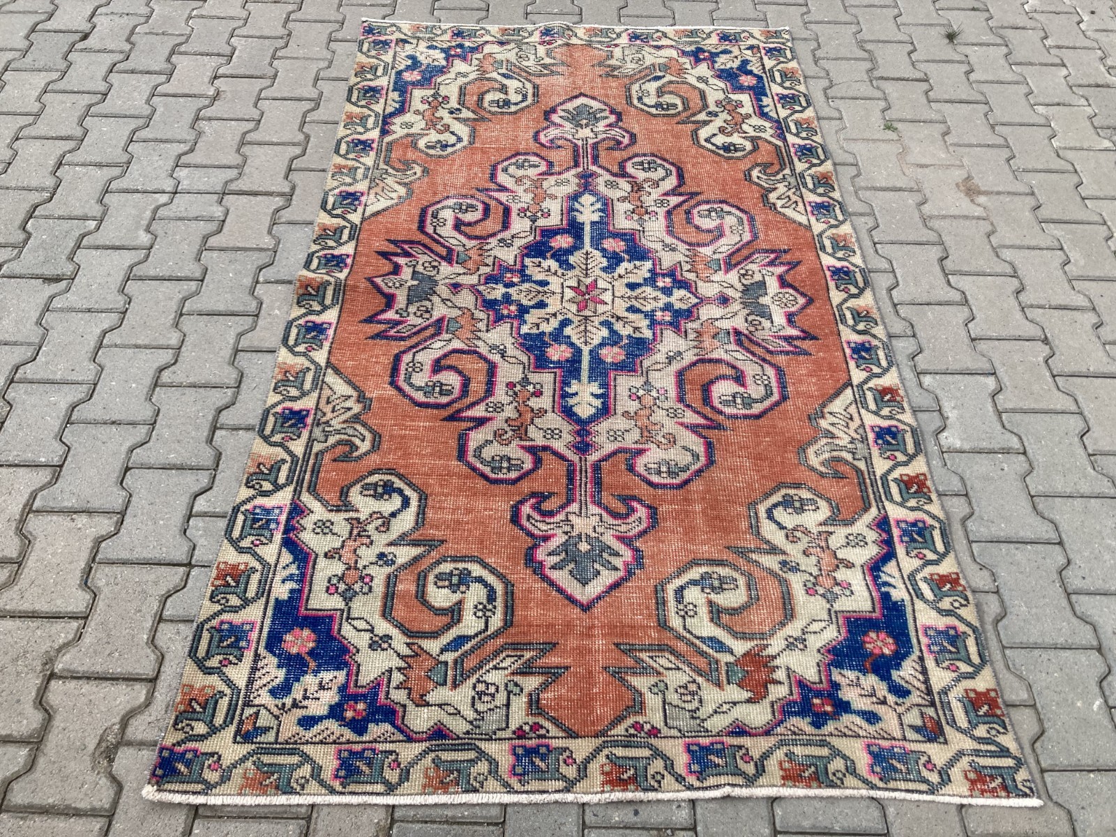 Pink Area rug, Turkish rug, Vintage Rug, Wool rug, Large rug, 4.2 x 7.2 ft gallery