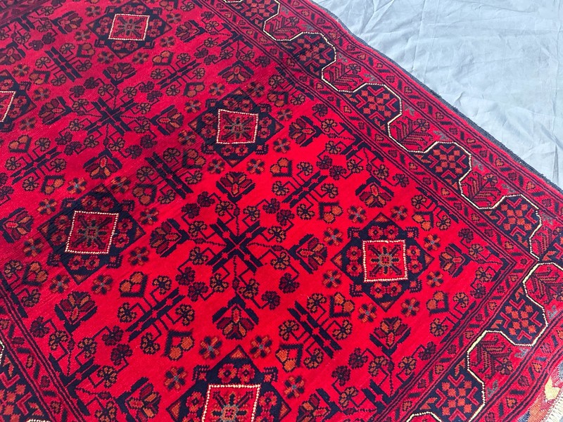 Hand Knotted Afghan Turkmen Rug Khal Mohammadi Red Geometric Moss Rug 3'7x5'2 gallery