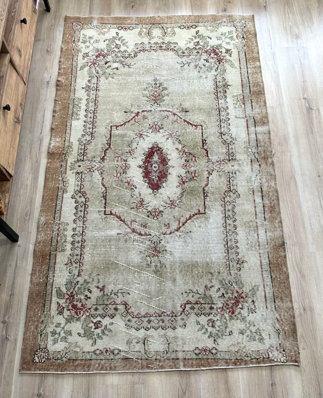 4x7 Beige Oushak Rug, Handwoven Vintage Rug, Turkish Rug, Handmade Wool Area Rug gallery