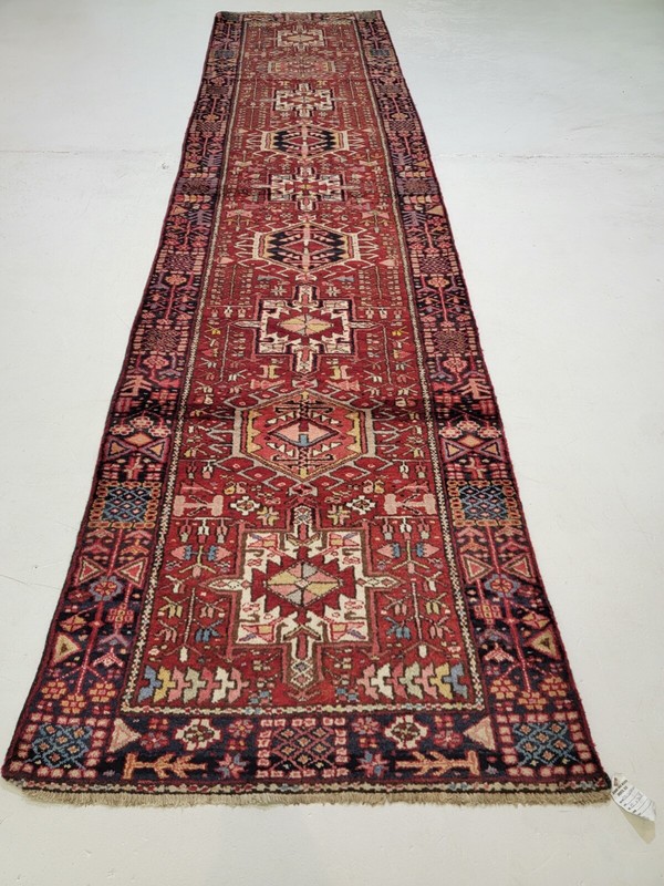 Antique Oriental Hand-Knotted Wool Runner Red/Blue/Ivory 3'8" x 15' gallery