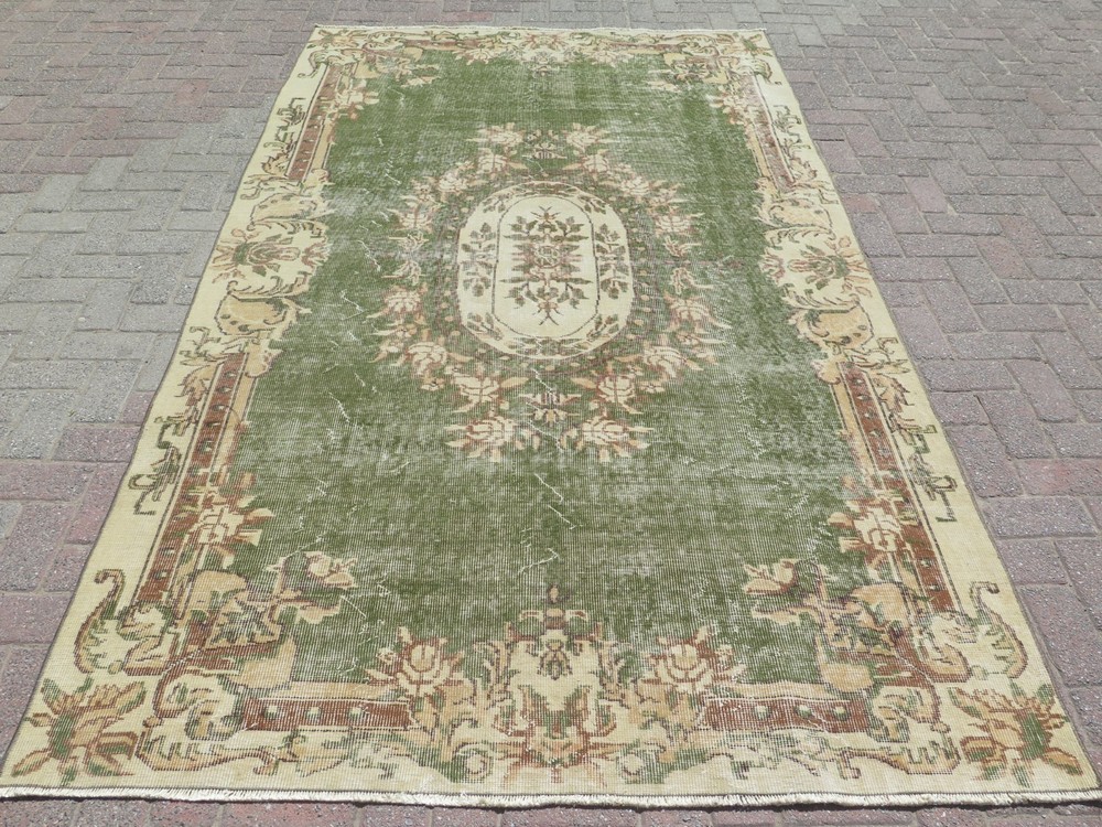 Olive Green Large Vintage Distressed Carpet, Turkish Handwoven Rug 66"x110"