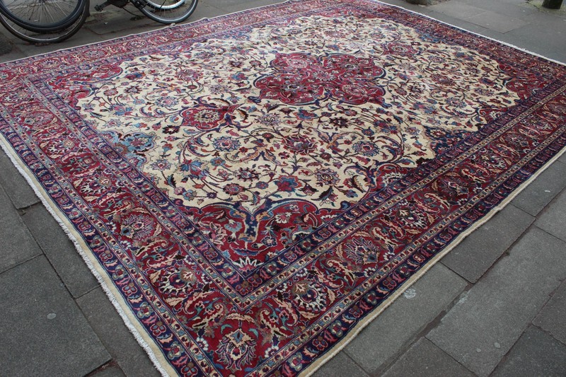 Vintage Worn Hand Made Traditional Oriental Wool White Large Carpet 381x295cm gallery