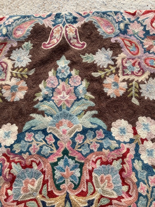 Vintage Handmade Kashmir Crewel Floral Paisley Wool Embroidered Rug 89x59 cm gallery