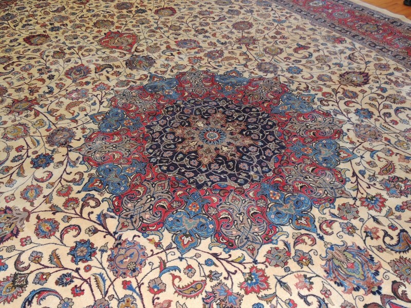 13x19 Oversize Antique Mashaad Oriental Area Rug Ivory Red wool RARE size gallery