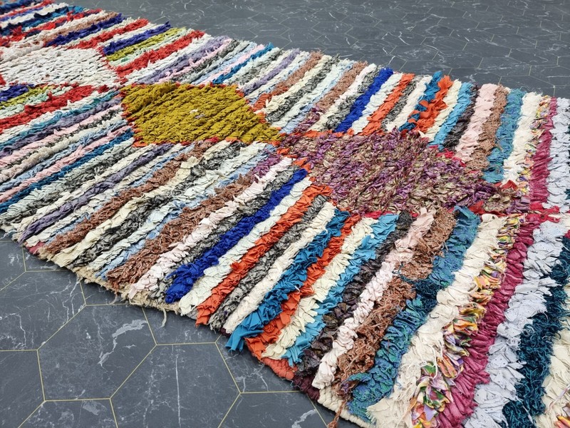 Moroccan Handmade Vintage Boucherouite 3'3"x8'7" Geometric Blue Cotton Area Rug gallery